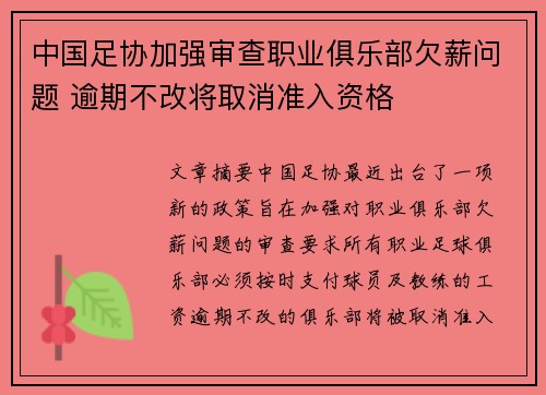 中国足协加强审查职业俱乐部欠薪问题 逾期不改将取消准入资格