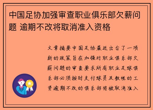 中国足协加强审查职业俱乐部欠薪问题 逾期不改将取消准入资格